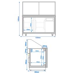 Saladette réfrigérée - 1250mm - façade décor bois naturel - 2 portes - avec vitrine de comptoir pour 3x GN 1/1 & 1 étagère - plan de travail en granit noir