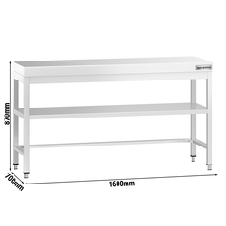 Table de travail en inox PREMIUM - 1600x700mm - avec fond de base & entretoise	