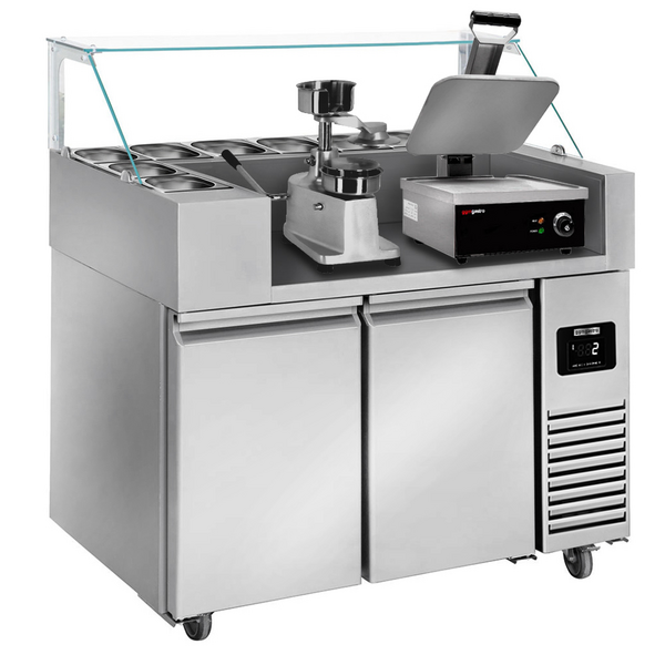 Voorbereidingstafel - 1210mm - 2 deuren - voor 9x GN 1/6 - incl. contactgrill & hamburgermachine