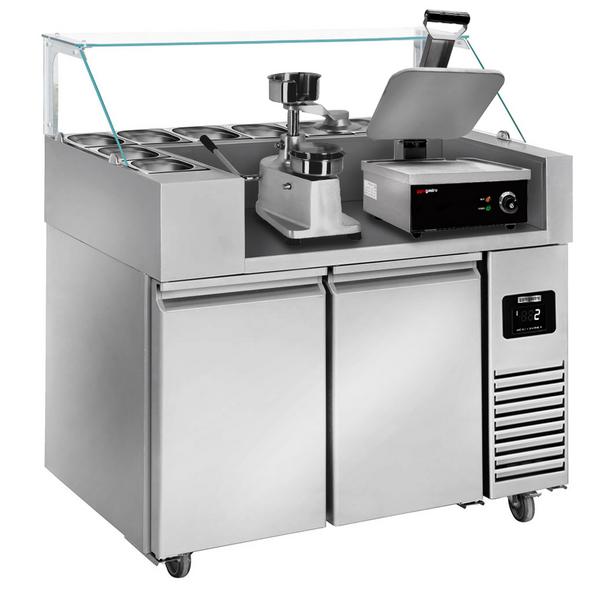 Preparation table - 1210mm - 2 doors - for 9x GN 1/6 - incl. contact grill & hamburger machine