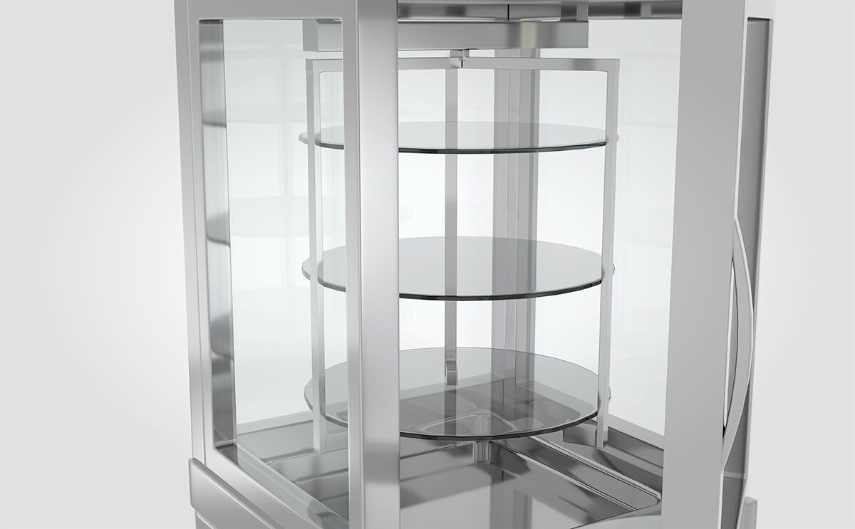 Vitrine réfrigérée 4 faces vitrées / Vitrine panoramique – 230 litres – 670 mm – 3 étagères rotatives – Argent