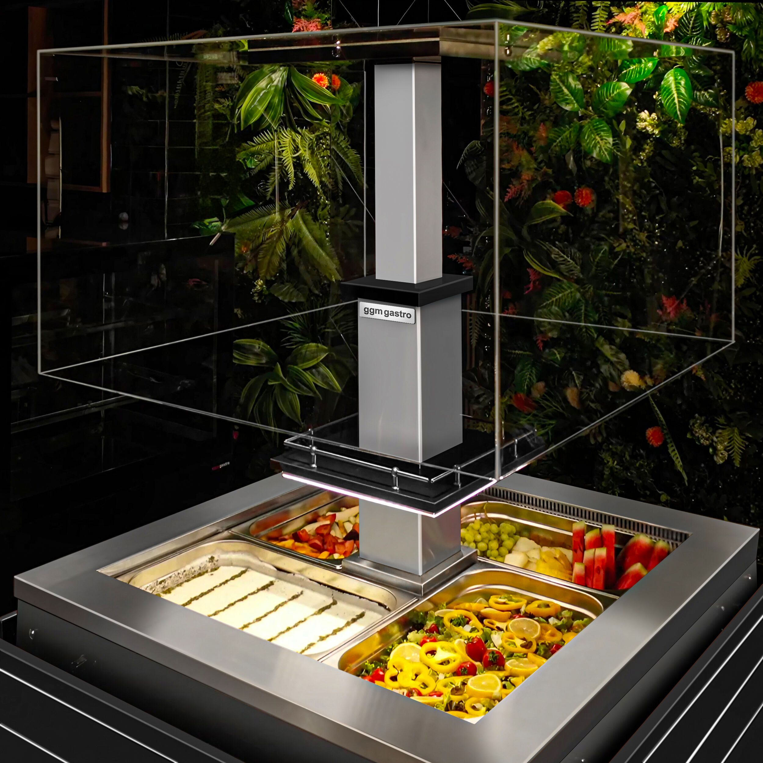 Refrigerated Salad Bar DUBLIN - 1700mm - with Refrigerated Well + Angled Glass Sneeze Guard - on Castors - for 4x GN 1/1 - Black