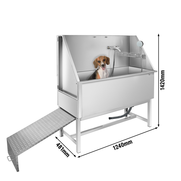 Baño para mascotas - con rampa, grifo y suelo de acero inoxidable perforado