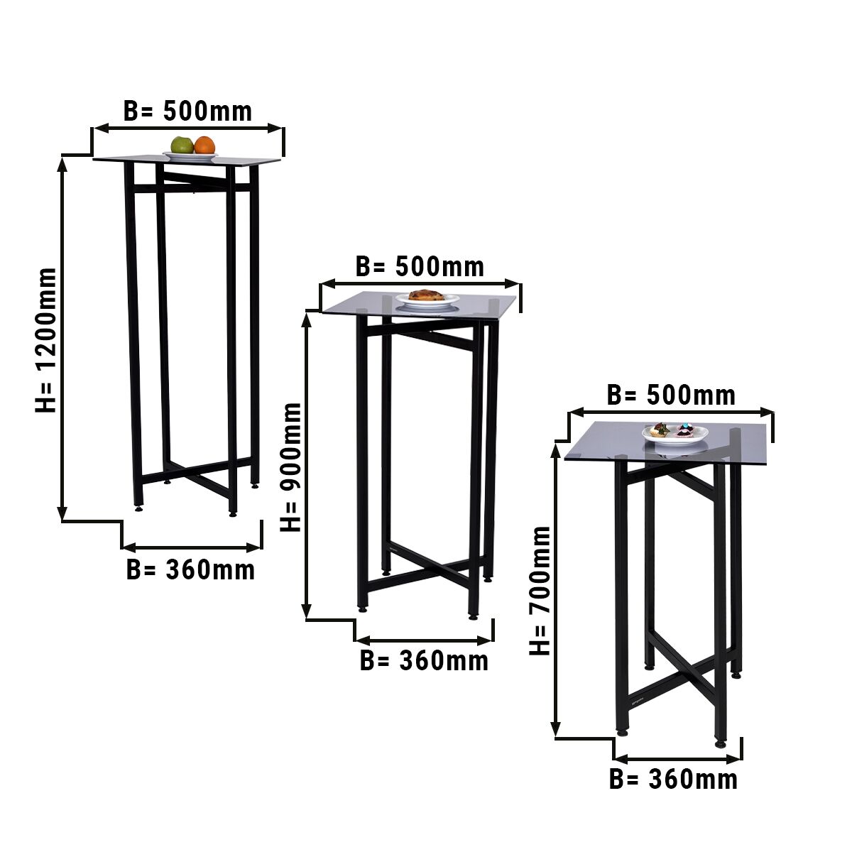 (3 pcs) Set de 3 tables d’appoint gigognes pliantes - 50x50cm - Hauteurs: 70/90/120cm