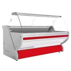 Soğuk Teşhir Dolabı - 2515x1150mm - 3 kapılı (rezerv bölme) - bombe camlı - LED aydınlatma; statik soğutma; otomatik defrost; dijital termostat - ön panel kırmızı; granit tezgah