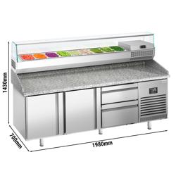 Pizzawerkbank PREMIUM PLUS - 1980x700mm - met granieten werkblad - met 2 deuren & 2 laden - incl. glasvitrine - 9x GN 1/4