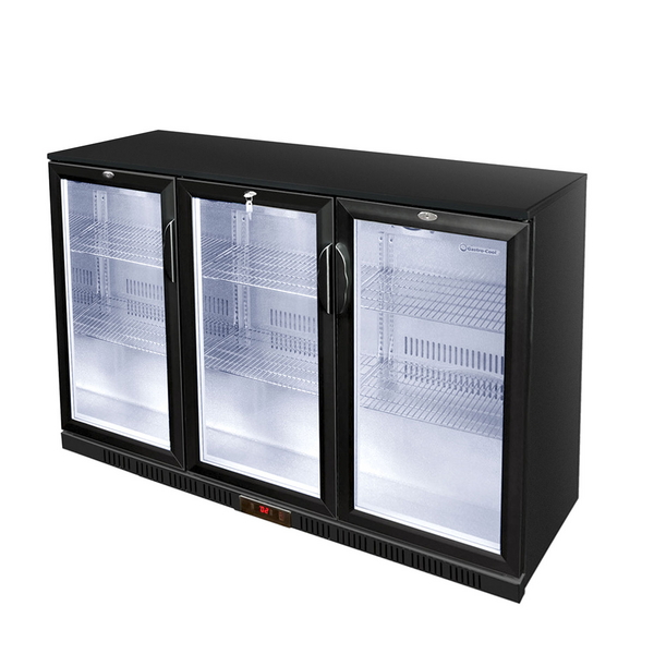 GASTRO-COOL | Frigorífico de bar - 1350mm - 312 litros - com 3 portas de vidro com dobradiças - Preto