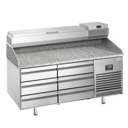 Pizzawerkbank PREMIUM PLUS - 1490x700mm - met granieten werkblad - met 6 laden - incl. opzetkoelvitrine - 6x GN 1/4