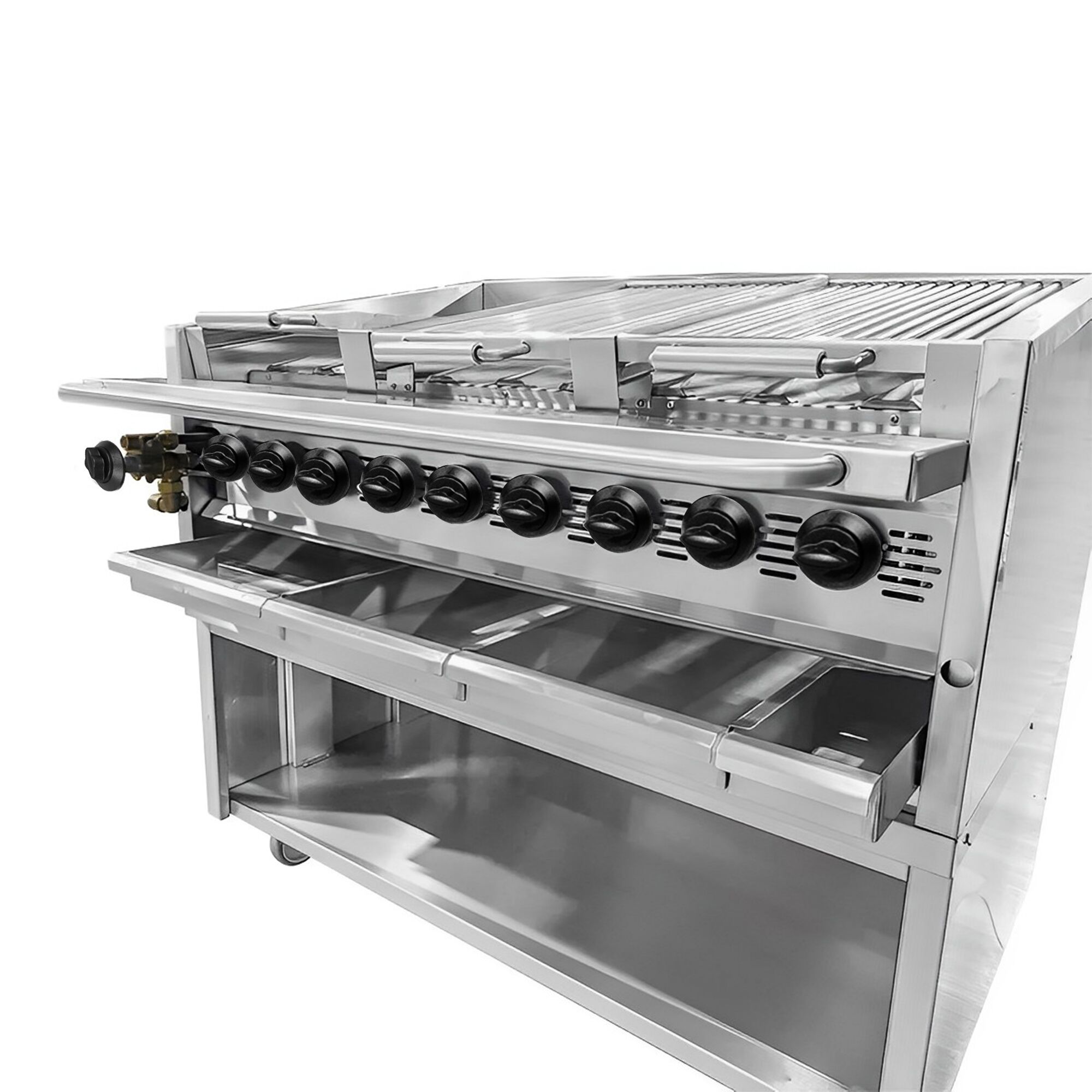 Barbecue à gaz professionnel - 25kW - sur pied - P900mm - 9 brûleurs - 4 grilles de cuisson - grille inclinable - grilles de cuisson en fonte