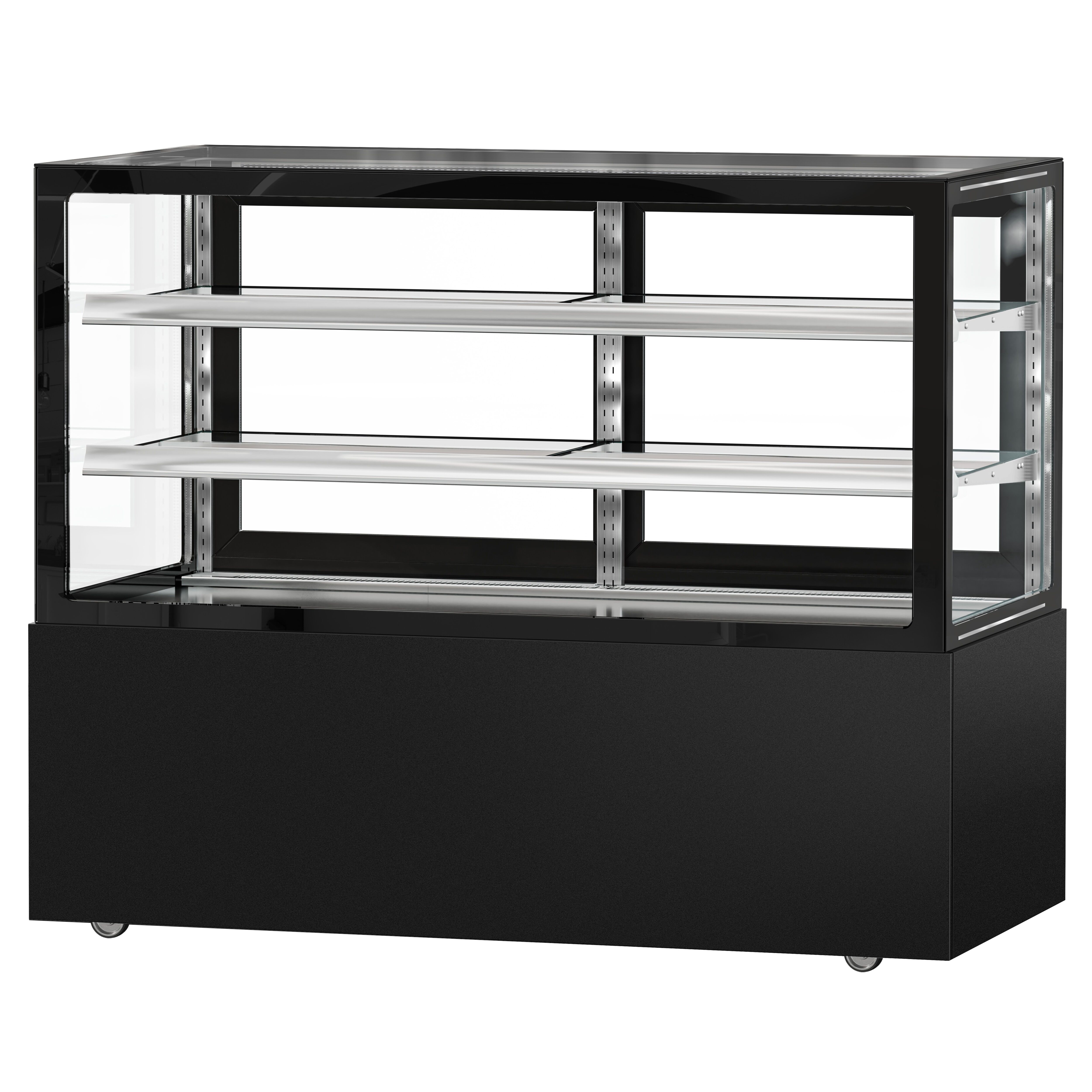Vitrine à pâtisserie réfrigérée MADRID - 620L - 1500mm - Double vitrage - avec 2 étagères en verre - portes coulissantes vitrées arrière - pour pâtisseries - Noir mat