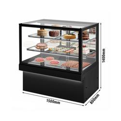 Vetrina pasticceria refrigerata TORONTO - 1500mm - Doppio vetro; porte scorrevoli in vetro a specchio - con 3 ripiani - LED interni ed esterni; schienale a specchio - Nero