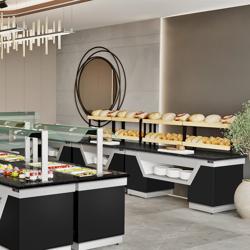 Commercial bread display rack - BELFAST - 2000 mm - with castors - black granite worktop