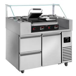 Commercial Refrigerated Prep Table PREMIUM – Glass Top – 1 Door + 2 Drawers – 1210 mm – for 9× GN 1/6 - with Contact Grill