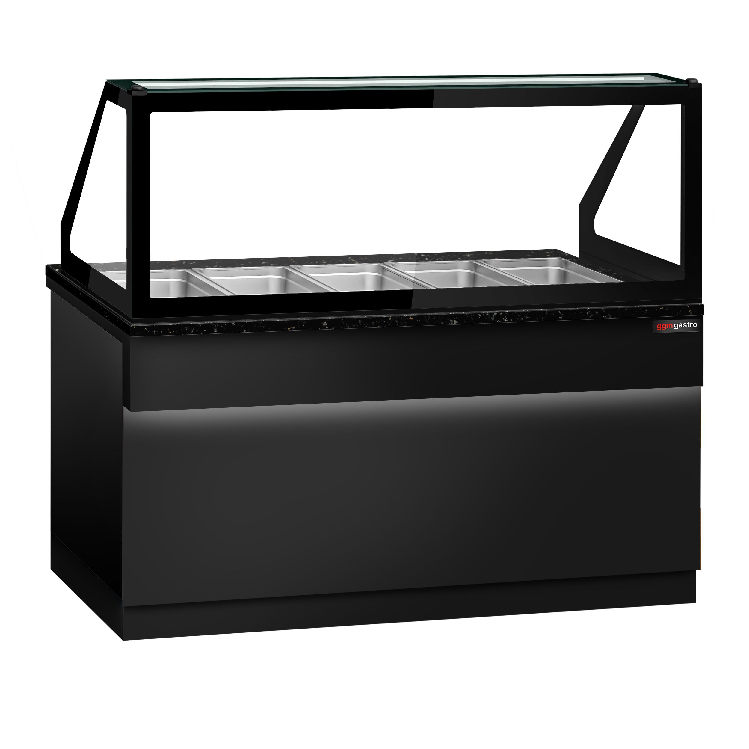 Vitrine chauffante TORONTO – 1800 mm – façade noire – pour 5 × GN 1/1 – plan de travail en granit noir