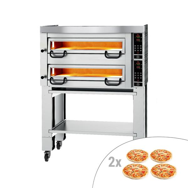 Four à pizza PROFESSIONNEL électrique Haute puissance - Sole en pierre réfractaire - 2 x 4 pizzas Ø34cm - 400V - Commandes électroniques - jusqu’à 450°C - incl. Hotte & Support - avec Roulettes