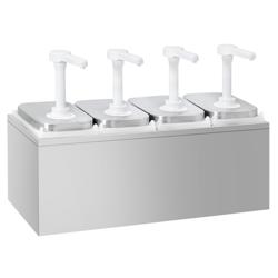 Sausdispenser - RVS AISI 304/PP - 4 bakken, 4 pompen, frame - 4x2L - 480x215x325mm - instelbare dosering - met bak - lekvrije uitloop - incl. RVS frame
