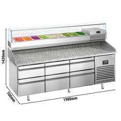 Pizza Hazırlık Buzdolabı PREMIUM PLUS - 1980x700mm - 0 Kapı & 6 çekmece - dahili soğutmalı üst vitrin - 9x GN 1/4