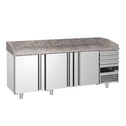 Mesa pizzera refrigerada PREMIUM - 2150x800mm - encimera de granito - con 3 puertas ciegas y 3 cajones 600x400