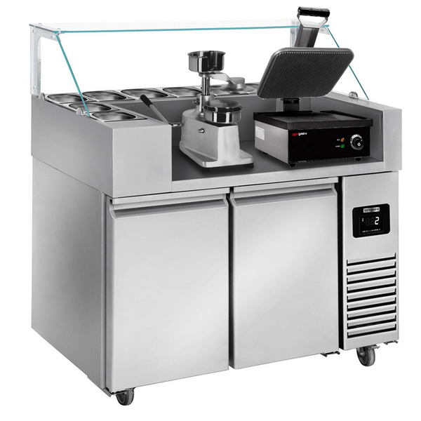 Voorbereidingstafel - 1210mm - 2 deuren - voor 9x GN 1/6 - incl. contactgrill & hamburgermachine