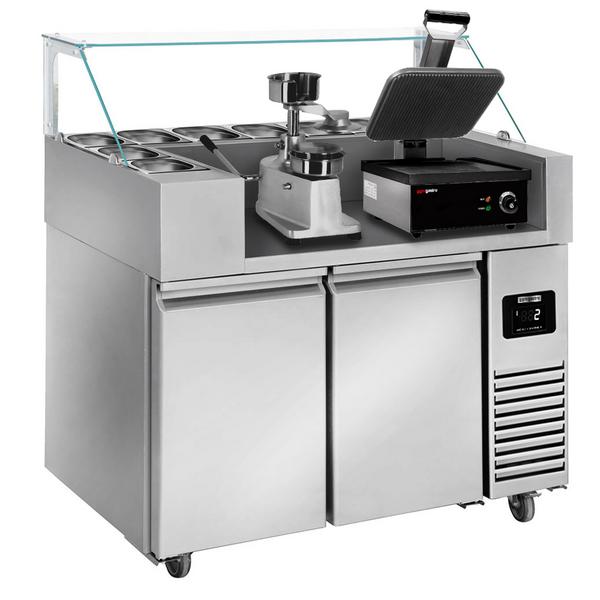 Preparation table - 1210mm - 2 doors - for 9x GN 1/6 - incl. contact grill & hamburger machine