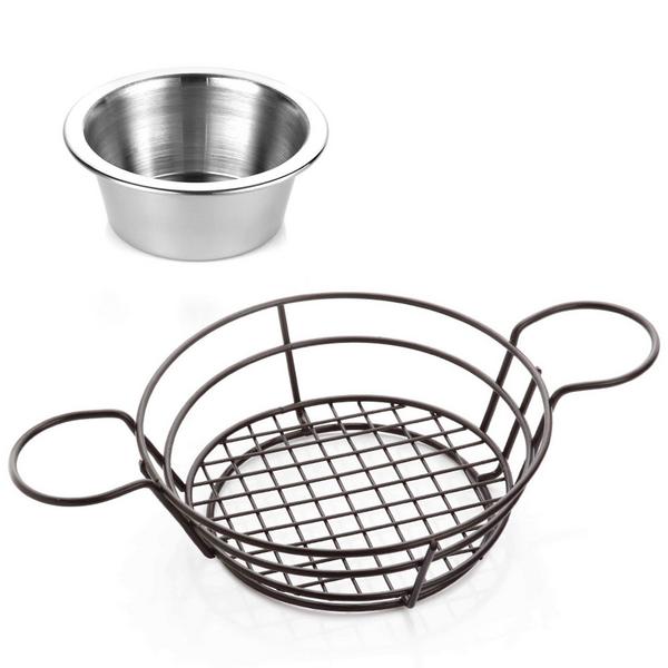 (15 pcs) Serving Basket - SNACKHOLDER - Stainless Steel - Round - Ø210mm - with Dip Cups