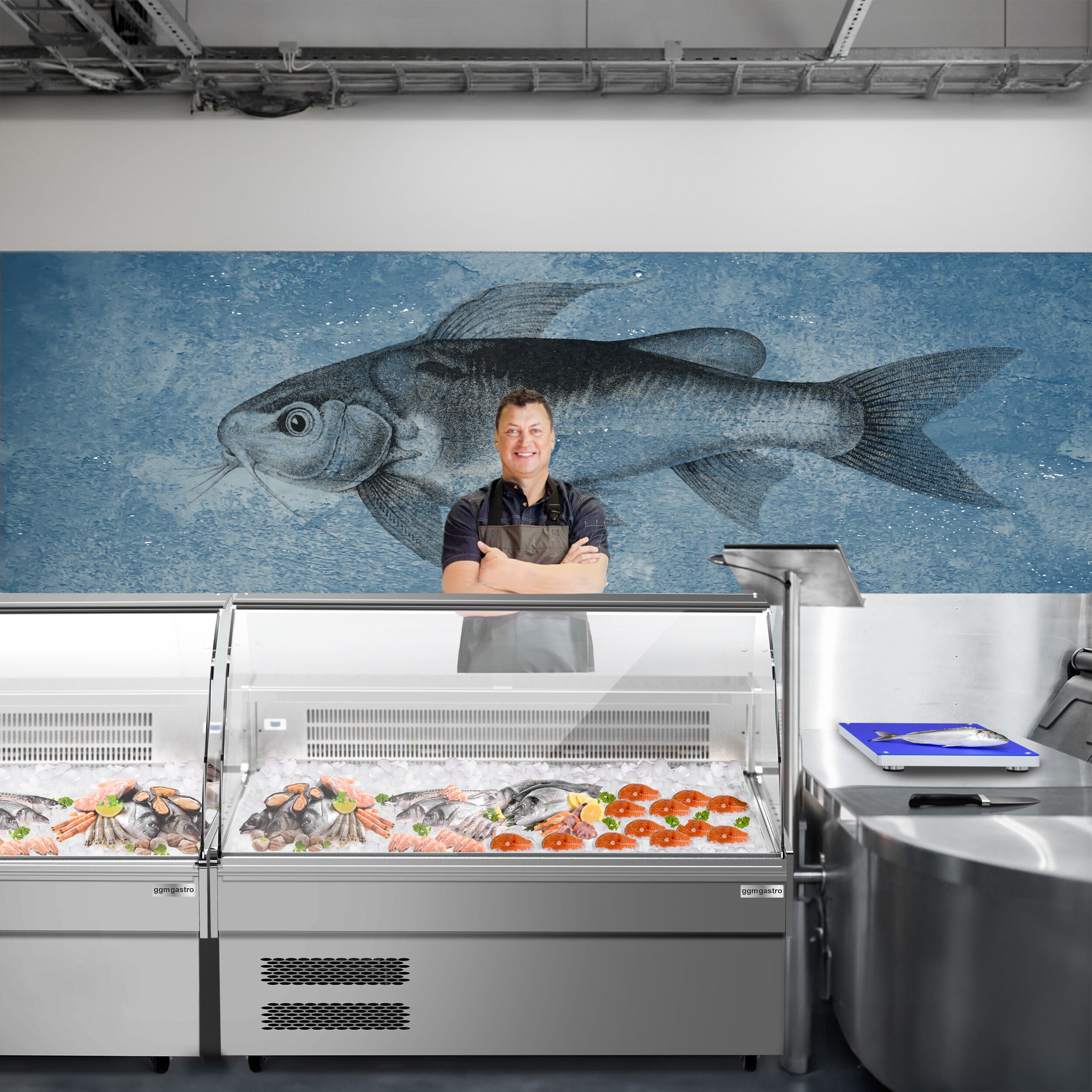 Fish Display Counter / Fish Serve Over Counter - 1250mm - curved front glass - double-glazed glass - LED lighting