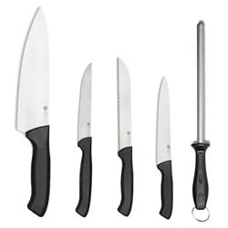 Késkészlet rolltasakkal - tart.: élezőacél / késélező, kenyérvágó kés, zöldséges kés, szakácskés, vágókés