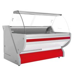 Koeltoonbank Tuva - 2025x1150mm - 400 liter - kleur rood - achterzijde 2 schuifdeuren - gebogen ruit - granit werkblad