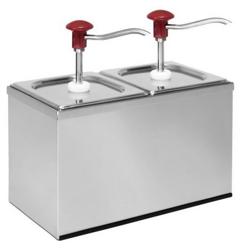 Commercial Condiment Dispenser - 2x 2 litres - adjustable dose - 30ml per pump - with container - incl. stainless steel frame - Chromed steel and plastic - 340x180x340mm