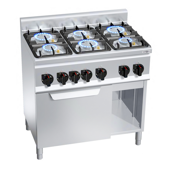 Fogão a gás 6x queimadores (28,5 kW) + Forno de ar circulante elétrico (3 kW)