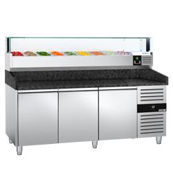 Pizzawerkbank PREMIUM - 2025x800mm - met granieten werkblad - met 3 deuren - incl. glasvitrine LED - 9x GN 1/3