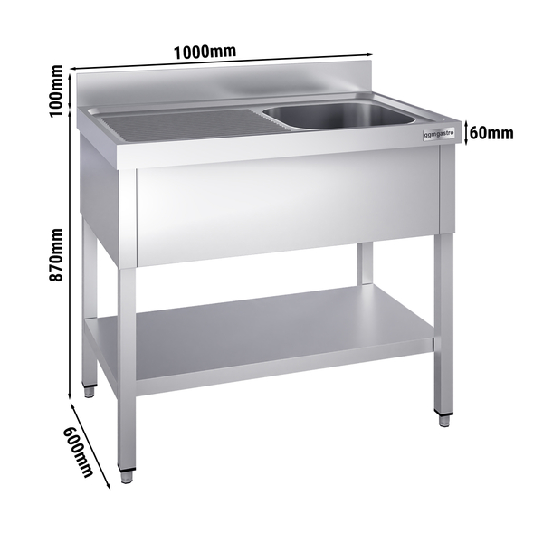 Yıkama Tezgahı PREMIUM -  1000x600mm - Alt Raflı & 1 Sağ Evyeli