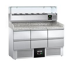 Pizza hazırlık tezgahı PREMIUM- 1400x700mm - 6 çekmeceli 1/2 - GN 1/4 soğutmalı vitrin dahil