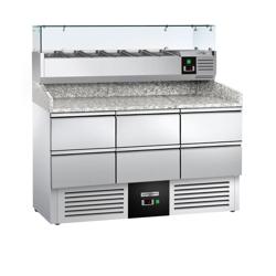 Pizzawerkbank PREMIUM - 1400x700mm - met granieten werkblad - met 6 laden 1/2 - incl. opzetkoelvitrine - 6x GN 1/4