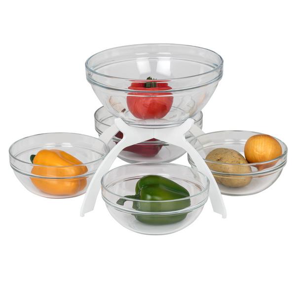 Présentoir buffet - Set de 5 pièces - Acier inoxydable - Blanc - carré - Hauteur:340mm - incl. 5 Bols en verre 4x170x170mm, 1x200x200mm