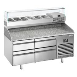 Banco pizza refrigerato PREMIUM PLUS - 1490x700mm - con 4 cassetti - piano in granito - con vetrina ingredienti refrigerata superiore - 6x GN 1/4