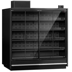 Commercial supermarket wall-mounted refrigerated display shelving - 11250 mm - with double-glazed frameless doors and 5 shelves - pack of 6