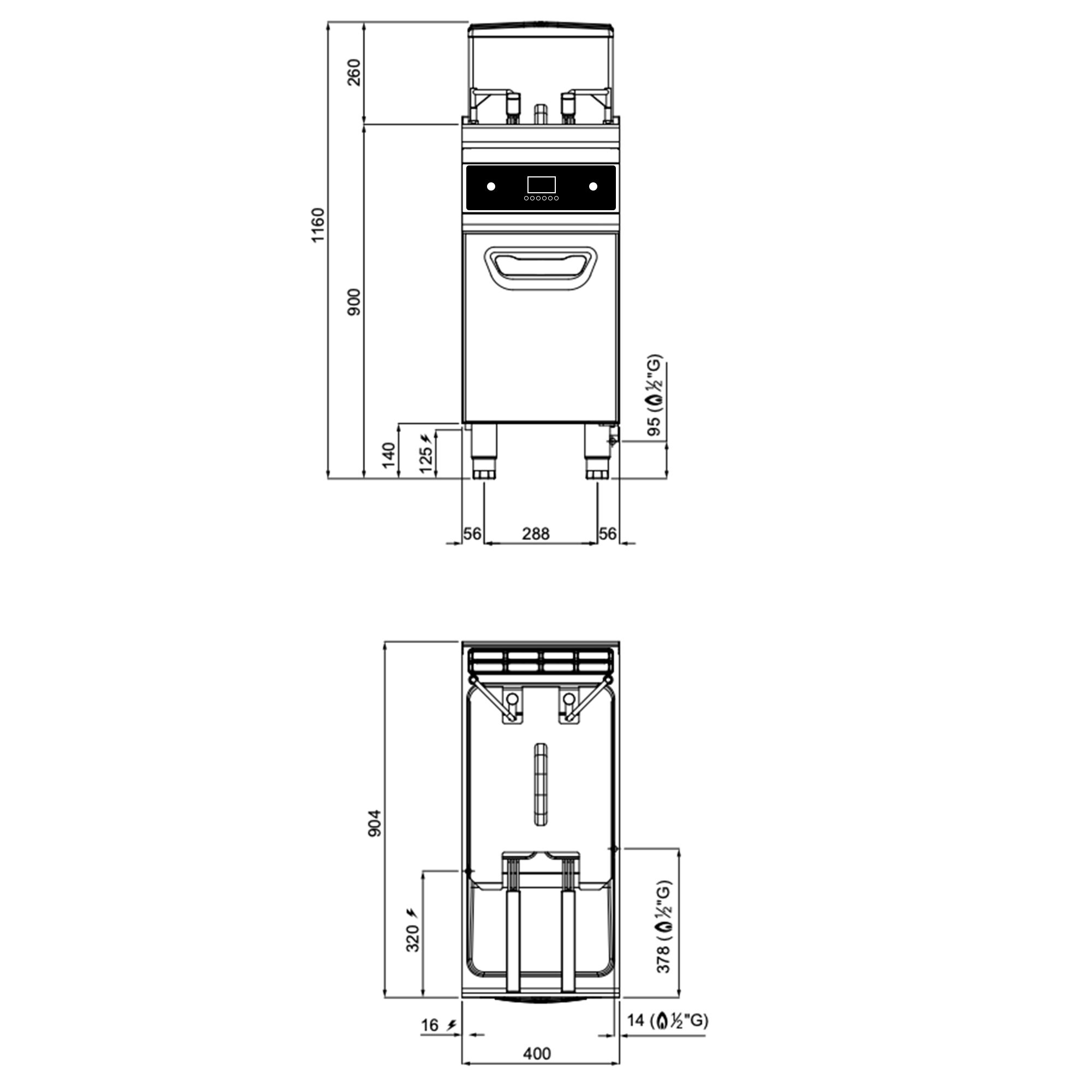 Friteuse à gaz – 20 litres – 17,5 kW – avec filtration d’huile & levage automatique du panier