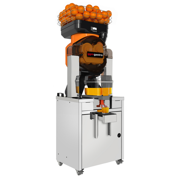 Exprimidor de naranjas eléctrico - con refrigeración, alimentación automática de fruta, almacenamiento de zumo, modo de limpieza y base - naranja