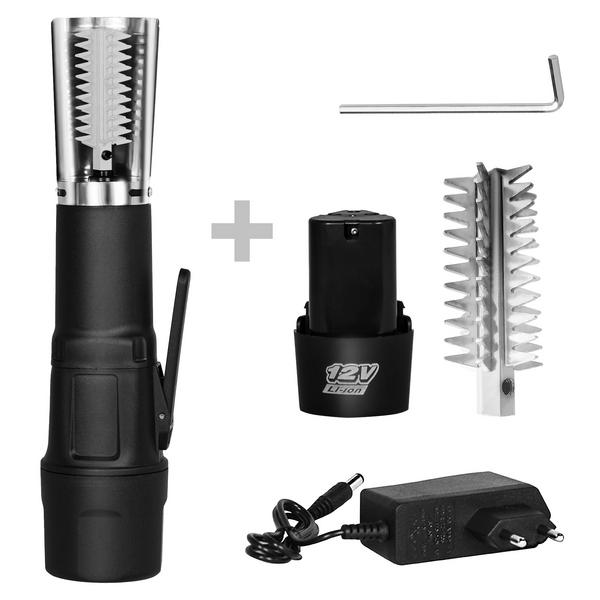 Escamador de peixe ELÉTRICO - com bateria e adaptador de corrente - 75W - Corpo em aço inoxidável AISI 304 e ABS; Lâminas em aço inoxidável AISI 304