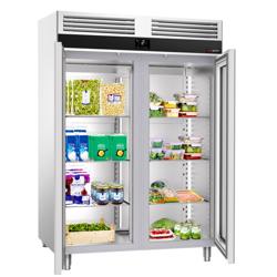 Koelkast RVS PREMIUM - GN 2/1 - 1400mm - 1400liter - tot +8°C - met 2 glasdeuren - geforceerde koeling, LED‑verlichting & legroosters