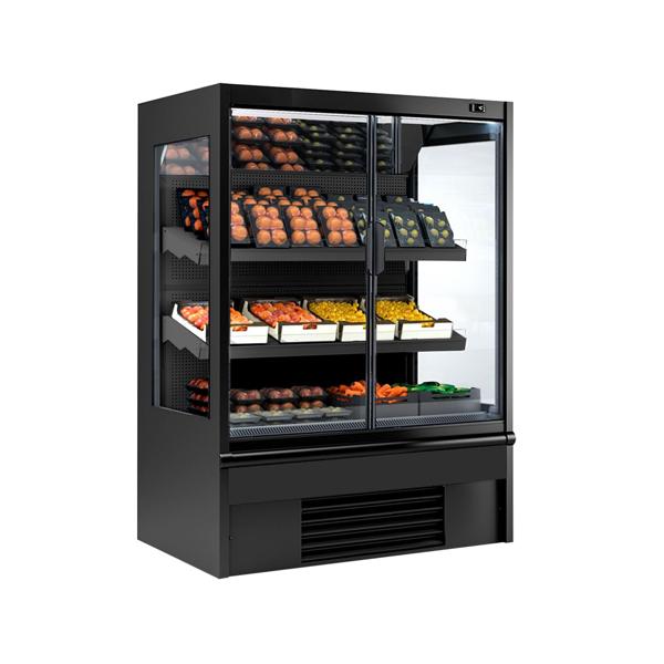 Commercial wall-mounted refrigerated display shelving - 1330 mm - 370 litres - with 2 double-glazed hinged doors and 2 shelves