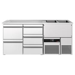 Refrigerated Beer Counter 5 Drawers, 2 Right Sinks PREMIUM – 1950×700×960 mm - Stainless Steel - R290