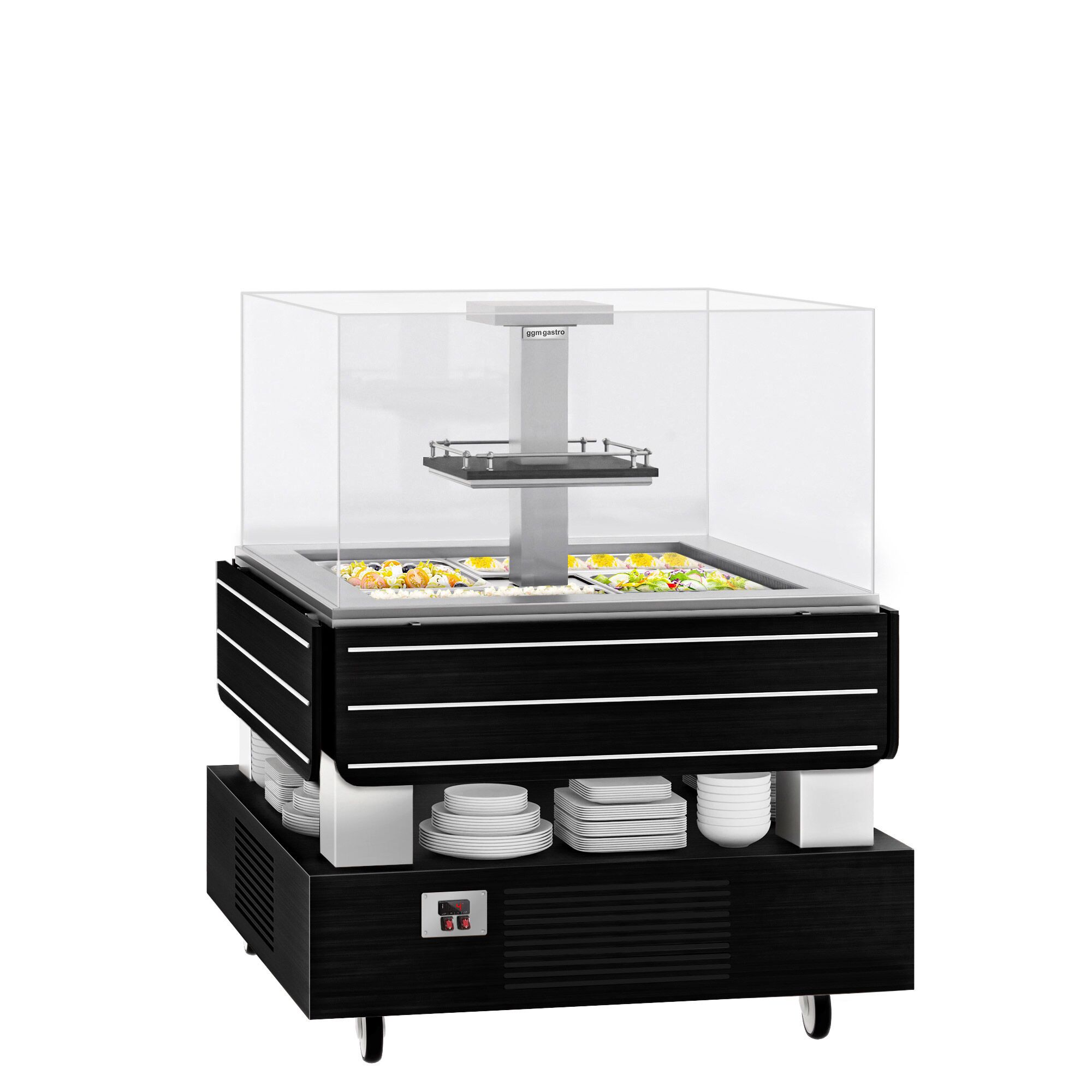 Refrigerated Salad Bar DUBLIN - 1700mm - with Refrigerated Well + Angled Glass Sneeze Guard - on Castors - for 4x GN 1/1 - Black