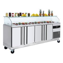 Stół sałatkowy PREMIUM – 2330 mm – 4 drzwi – z narożną szklaną nakładką na 10x GN 1/6