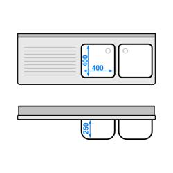 Mesa de entrada para máquina de lavar loiça PREMIUM - 1600x600mm - com 2 cuba(s) à direita - com prateleira inferior