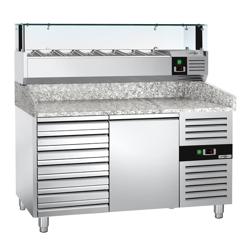 Commercial Refrigerated Pizza Prep Counter PREMIUM - 1500x800 - 1 Door - 7 Drawers - Top Display Rail LED - 7x GN 1/4 