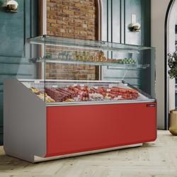 Banco gastronomia professionale ALMA - 1568x979mm - 324 L - Vetro dritto - Colore Grigio scuro - Pannello frontale Rosso RAL 3003