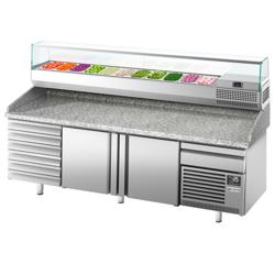 Mesa pizzera refrigerada PREMIUM PLUS - 2305x800mm - encimera de granito - con 2 puertas ciegas y 7 cajones 600x400 - incl. vitrina refrigerada superior - 11x GN 1/4