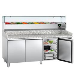 Pizzawerkbank ECO - 2025x800mm - met granieten werkblad - met 3 deuren - incl. glasvitrine - 9x GN 1/3